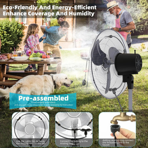 Outdoor Misting System for Patio and Garden Beat the Heat With 50 Ft Cooling Mist Kit Water Filter 1/4 Inch Tubing All Weather Setup Ideal for Patio Greenhouse Pool BBQ and Irrigation, showcasing pre-assembled fan misting setup.