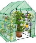 Walk-In Greenhouse With 57x61x80 Inch Footprint, 3 Tiers And 10 Shelves, Roll-Up Door And Observation Windows filled with plants