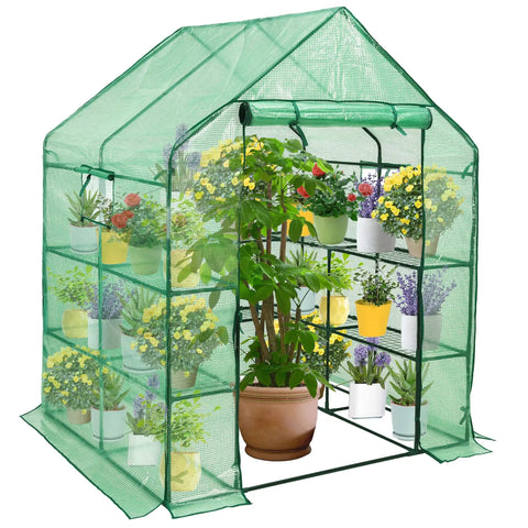Walk-In Greenhouse With 57x61x80 Inch Footprint, 3 Tiers And 10 Shelves, Roll-Up Door And Observation Windows filled with plants