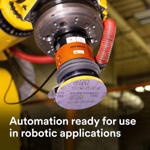 Xtract Cubitron II Hookit Clean Sanding Film Disc 775L attached to robotic sander for metal aluminum carbon steel and composites