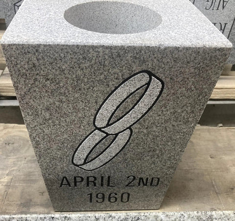 Tapered Granite Gravesite Vase With Engraved Design Gray Georgia Granite 8 By 6 By 10 Inches Handcrafted USA Made Memorial Cemetery