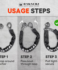 Usage steps for Heavy Duty Soft Shackle 100000 Lb UHMWPE Recovery Connector with chafe sleeve in three-step illustration.