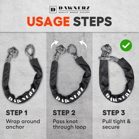Usage steps for Heavy Duty Soft Shackle 100000 Lb UHMWPE Recovery Connector with chafe sleeve in three-step illustration.