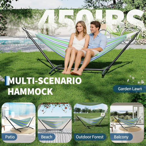 Two Person Hammock With Stand For Outdoors And Indoors Double Portable Hammock Set, blue-green stripes, garden lawn