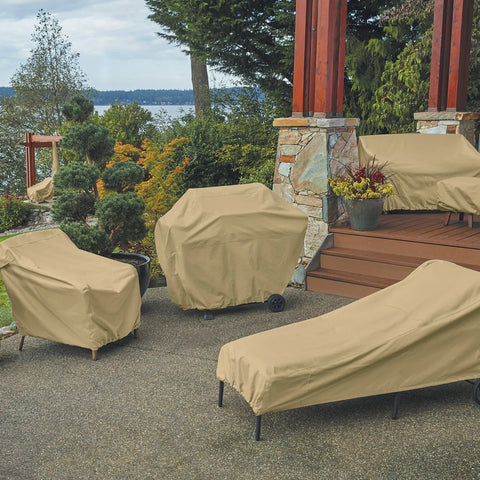 Outdoor furniture covered by Terrazzo Water Resistant 24 Inch Round Ottoman And Coffee Table Cover For Outdoor Use No Fuss All Weather Protector Weatherproof Rain Tite Fabric Shields Against Rain Snow And Dirt Fits 24 Inch Round Ottomans Or Coffee Tables One Year Warranty on a patio.