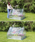 Steel Raised Garden Bed With Mini Greenhouse Cover For Outdoor Growing, clear PVC cover over flowers, 46.25in W x 34.5in D.