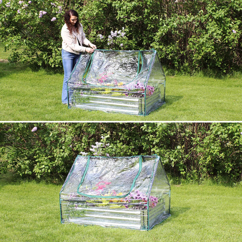 Steel Raised Garden Bed With Mini Greenhouse Cover For Outdoor Growing, clear PVC cover over flowers, 46.25in W x 34.5in D.