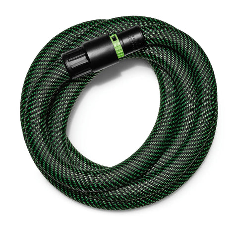Suction Hose 27/32 Inch By 3.5 Meter AS CTR For Dust Collection And Power Tool Applications, coiled, black and green smooth hose.