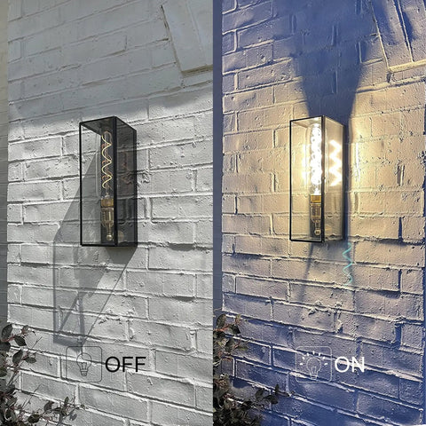 Dope Outdoor Wall Lanterns Set Of Two In Solid Brass, Waterproof Exterior Sconces, off and on, clear glass, on brick wall.