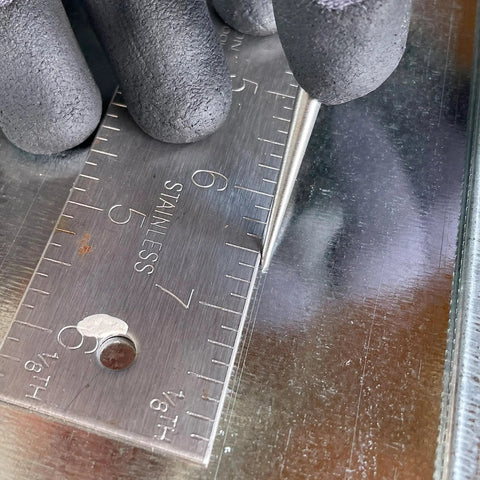 Rock Solid Heavy Duty Three Point Five Inch Scratch Awl Forged From Premium Steel Scribes Sheet Metal Precision Hole Alignment on ruler.