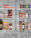 Over The Door Pantry Organizer Rack With Six Adjustable Shelves filled with cans, spices, and jars, mounted on a textured wall, white.