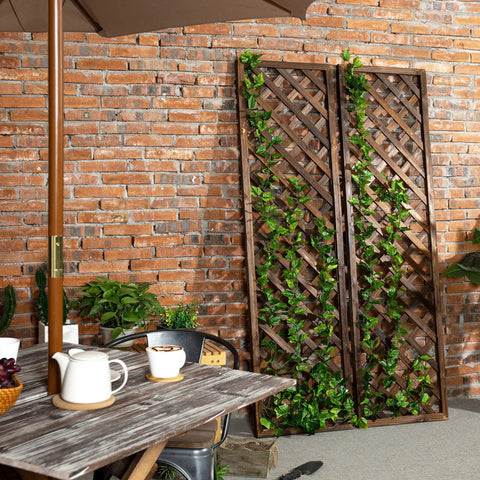 Wood Trellis Wall Hanging For Climbing Plants, Large Outdoor Garden Lattice Panels In Brown, Set Of Two against brick wall