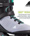 Close-up of Zetrablade Elite Women's Fitness Inline Skates featuring comfort-fit boot, buckle cuff, 45 degree strap, speed laces.