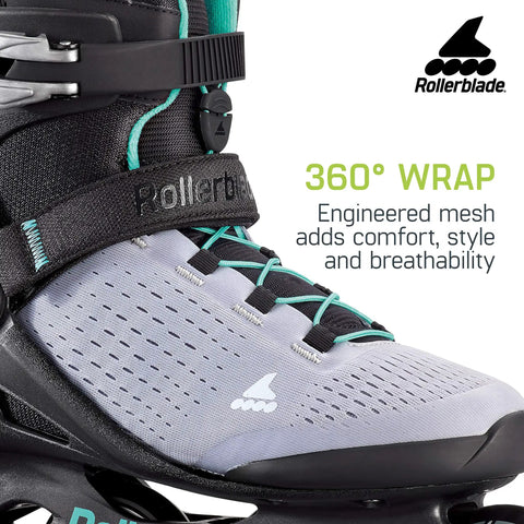 Close-up of Zetrablade Elite Women's Fitness Inline Skates featuring comfort-fit boot, buckle cuff, 45 degree strap, speed laces.
