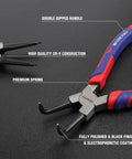 Close-up of Pro Grade Four Piece Snap Ring Pliers Set for Internal and External Circlips, Cr-V steel, with labeled features