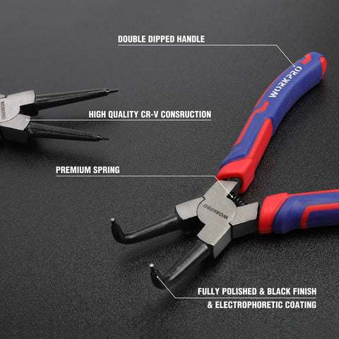 Close-up of Pro Grade Four Piece Snap Ring Pliers Set for Internal and External Circlips, Cr-V steel, with labeled features