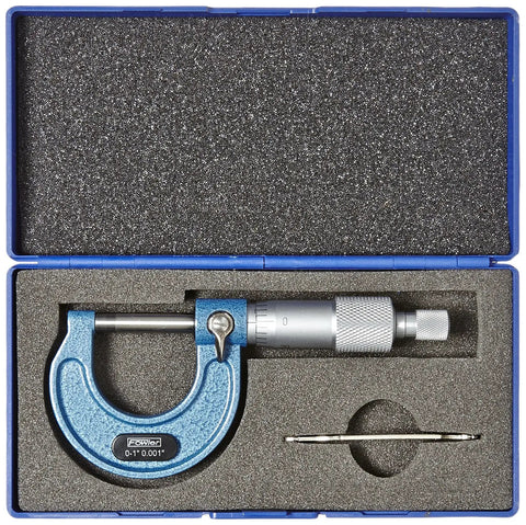 Pro Grade Outside Micrometer 0 To 1 Inch Range With Carbide Tipped Faces, Microfine 0.001 Inch Graduation, Flat Anvil And Spindle, Hardened Precision Ground For Accurate Measurements And Long Tool Life. open case