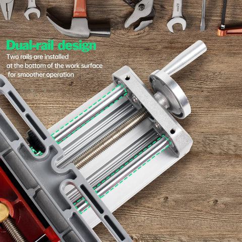 XY Axis Slide Vise AB8303 showing dual-rail design for stable adjustments with 180mm X axis travel and 50mm Y axis travel.