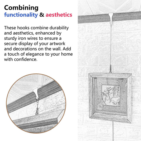 Picture Rail Hanging Kit With Six White Rail Hooks And A 72 Inch Invisible Cord, displaying wall art with adjustable hook.