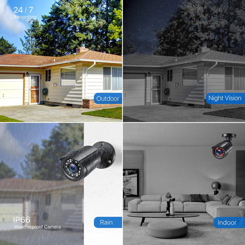 Four Pack 2MP 1080p HD TVI Outdoor Indoor Security Cameras With 24 LEDs, 80ft Night Vision, 90 Degree View, Weatherproof IP66 Bullet CCTV Cameras In Black