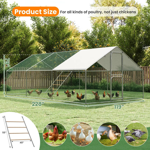 Metal Large Walk In Chicken Coop With Split Door And Roosting Perch, 10x20 Outdoor Poultry Run For Farm Yard Or Backyard, Security Lock.