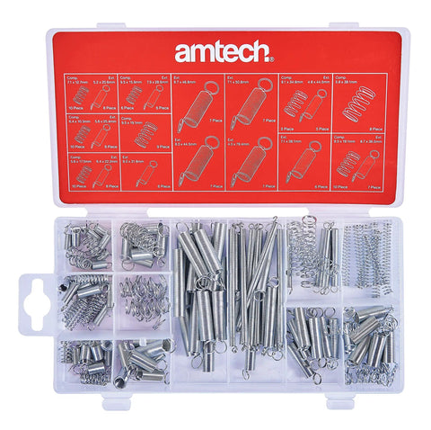 Metal Spring Assortment Kit With Compression And Extension Springs, 150 Piece Set, includes durable storage case, open view.