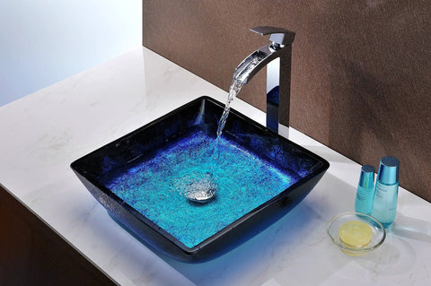 Blazing Blue Rectangular Glass Vessel Sink For Modern Bathrooms Top Mount Above Counter Vanity Bowl With Durable Tempered Glass