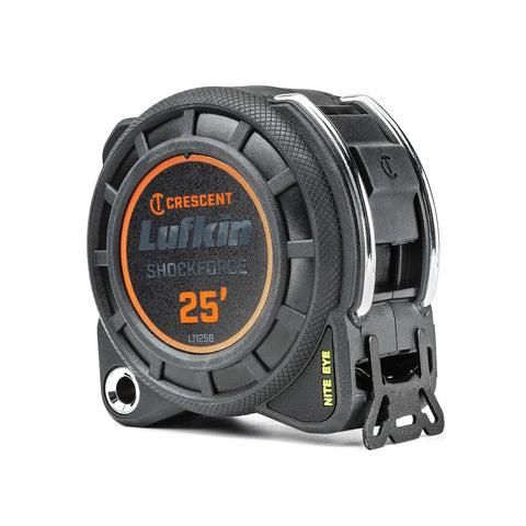 1-3/16 Inch By 25 Foot Dual Sided Tape Measure With Nite Eye Glow, Shockforce Blade And Matte Black Nylon Coated Blade
