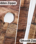 Round Outdoor Tablecloth With Umbrella Hole And Zippered Fitted Elastic Edge Wood Grain Look showcasing zippers