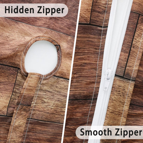 Round Outdoor Tablecloth With Umbrella Hole And Zippered Fitted Elastic Edge Wood Grain Look showcasing zippers