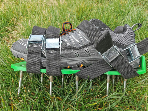6.8 Cm Lawn Aerator Spike Shoes With Heavy Duty Buckles And Four Adjustable Straps on grass showcasing metal spikes