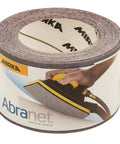 Abranet Mesh Grip Roll Sanding 2 3/4 Inch by 10 Yard for Smooth Finishes, Dust Control shown in retail packaging with hand using sander