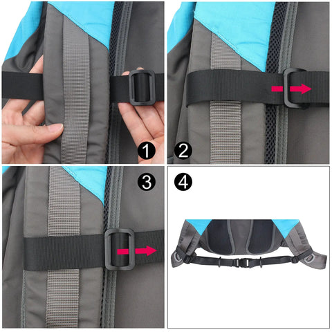Heavy Duty Backpack Chest Strap With Quick Release Buckle, Adjustable 8 To 22 Inches, durable webbing details shown in four steps