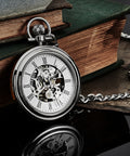 Men's Skeleton Pocket Watch With Hand Wind Mechanical Movement Stainless Steel Case And 12 Inch Chain With Belt Clip