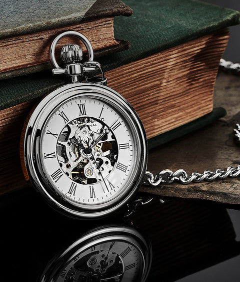 Men's Skeleton Pocket Watch With Hand Wind Mechanical Movement Stainless Steel Case And 12 Inch Chain With Belt Clip