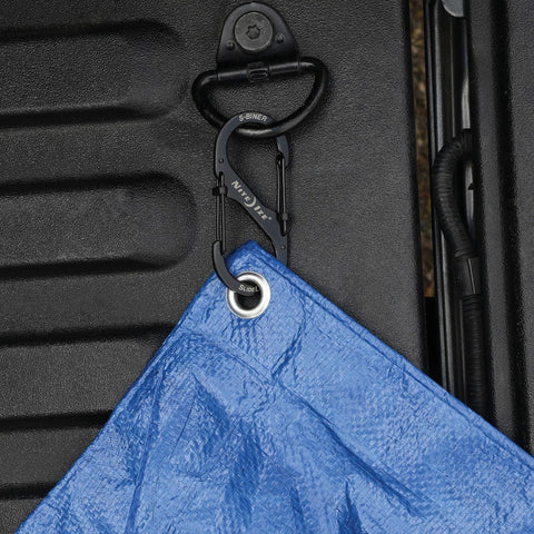 Dual S Biner Slide Lock Carabiner With Black Stainless Steel Finish Locking Two Gate Clip holding blue tarp