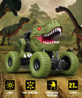 Awesome All Terrain Dinosaur RC Car for Kids with 2.4GHz Remote, green T-Rex design on off-road terrain, LED lights visible