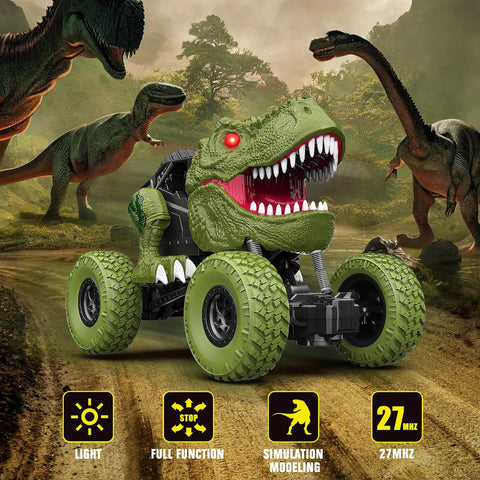 Awesome All Terrain Dinosaur RC Car for Kids with 2.4GHz Remote, green T-Rex design on off-road terrain, LED lights visible