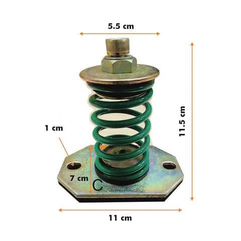 Badass Heavy Duty Spring Mount Vibration Isolators With Grippy Six Millimeter Rubber Pads And Sharp One Inch Deflection Handling One Hundred Thirty Two Pounds Per Mount Green Equipment Dampeners Pack Of Four, showcasing dimensions and design.