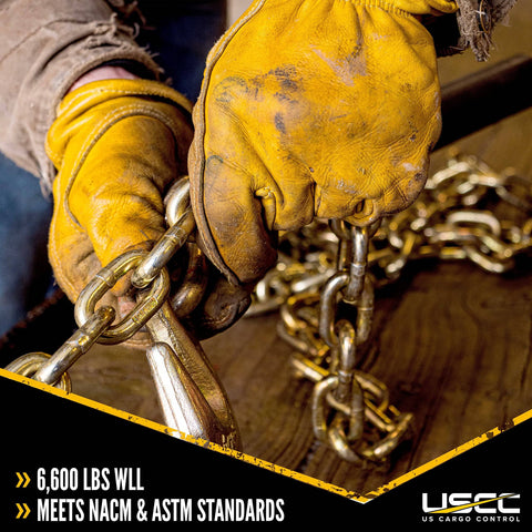 Hands securing 9.525 mm chain with QuikBinder Plus Ratchet Load Binder And Grade 70 Chain Set Three Eighths Inch By 16 Foot Heavy Duty Tie-Down For Trucks And Flatbeds Lock It Down Heavy Loads With 6,600 Pound Working Load Limit.