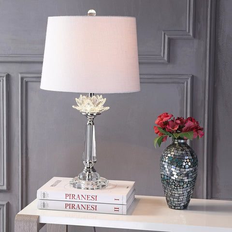 Clear Crystal LED Table Lamp 24.5 Inches With White Linen Drum Shade on a side table with books and vase