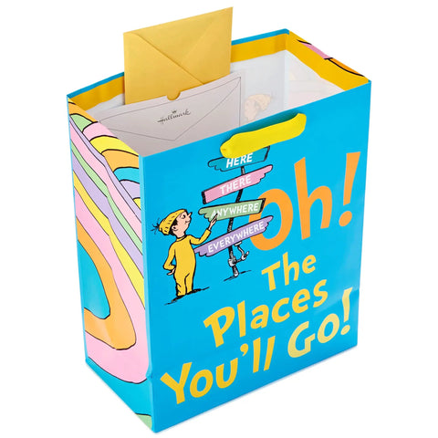 13 Inch Large Dr. Seuss Graduation Gift Bag With Tissue Paper And Card Oh The Places You'll Go For High School College Kindergarten Nursing School Grads, A Must Have For Books, Clothes, Or Small Gifts, featuring vibrant design with card and tissue