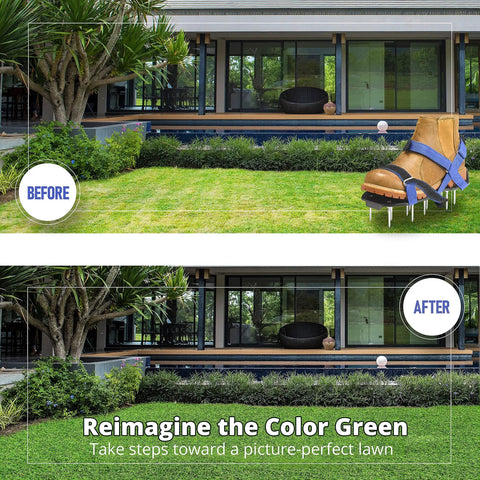 Before and after image of lawn using Ready To Use Lawn Aerator Shoes With Adjustable X Straps And Sturdy Spike Platform For Deep Soil Aeration