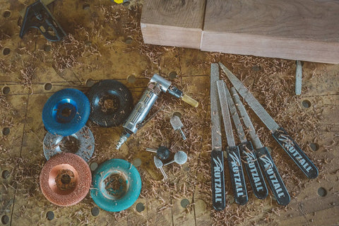 Sphere Rotary Burr One Eighth Inch Shaft Fine Grit Wood Carving Bit For Dremel Foredom DeWalt Milwaukee Tools Displayed on Workbench