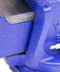 Close-up of Heavy Duty 6 Inch Bench Vise With Cast Iron Jaw, Powder Coated Blue Finish, Secure Grip Vise With 120 Degree Swivel Base.
