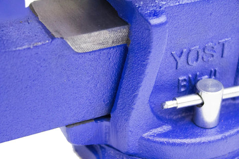 Close-up of Heavy Duty 6 Inch Bench Vise With Cast Iron Jaw, Powder Coated Blue Finish, Secure Grip Vise With 120 Degree Swivel Base.