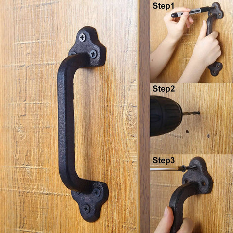 Rustic 9 Inch Cast Iron Sliding Barn Door Handle Set installation steps and handle on wood surface