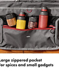 Outdoor Camp Kitchen Tool Roll Organizer For Travel And Camping with zippered pocket displaying spices and gadgets