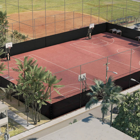 Basketball court surrounded by 4 Foot By 50 Foot Privacy Fence Screen For Chain Link Fences, heavy duty windscreen with bindings and grommets, 90 percent blockage visible.