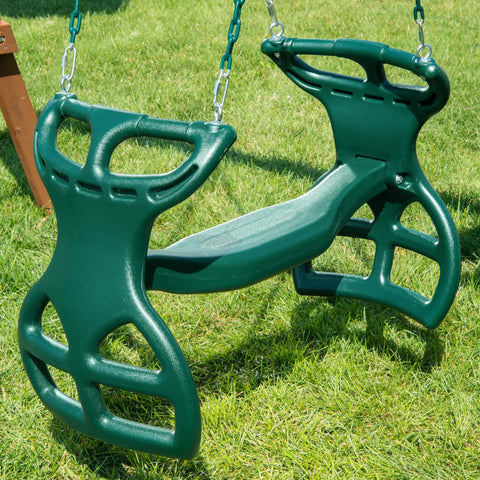 Dual Ride Glider Back-To-Back Tandem Swing For Kids with green plastic coated chains in outdoor setting.